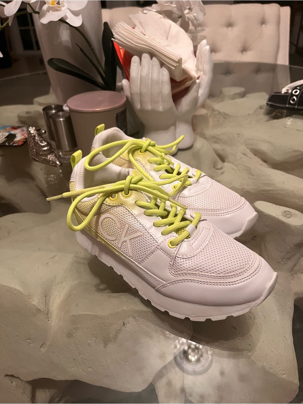 Calvin Klein White Sneakers with Neon Yellow Laces 6